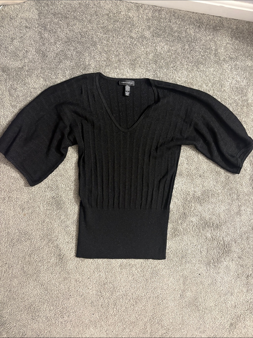 Cable & Gauge Shimmer Black Ribbed V-Neck Pullover with Dolman Sleeves